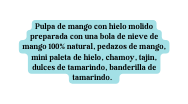 Pulpa de mango con hielo molido preparada con una bola de nieve de mango 100 natural pedazos de mango mini paleta de hielo chamoy tajin dulces de tamarindo banderilla de tamarindo